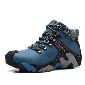 High quality Men's Hiking Shoes Outdoor High top Hunting Boots Men Genuine Leather Comfortable Trekking Boots (Color: Blue -A2027, size: 39)