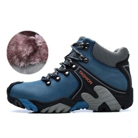 High quality Men's Hiking Shoes Outdoor High top Hunting Boots Men Genuine Leather Comfortable Trekking Boots (Color: Blue -A2027 Fur, size: 44)