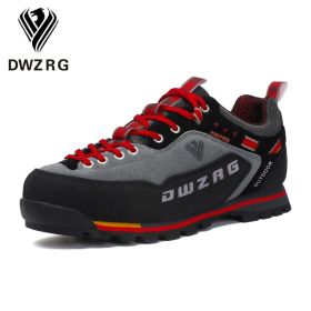 DWZRG Waterproof Hiking Shoes Mountain Climbing Shoes Outdoor Hiking Boots Trekking Sport Sneakers Men Hunting Trekking (Color: Gray Red, size: 40)