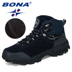 BONA New Designers Genuine Leather Hiking Shoes Winter Sneakers Men Mountain Man Tactical Hunting Footwear Plush Warm Shoes (Color: Deep blue S gray, size: 8.5)