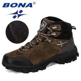 BONA New Designers Genuine Leather Hiking Shoes Winter Sneakers Men Mountain Man Tactical Hunting Footwear Plush Warm Shoes (Color: Brown, size: 10)