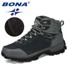 BONA New Designers Genuine Leather Hiking Shoes Winter Sneakers Men Mountain Man Tactical Hunting Footwear Plush Warm Shoes (Color: Dark grey S gray, size: 8.5)